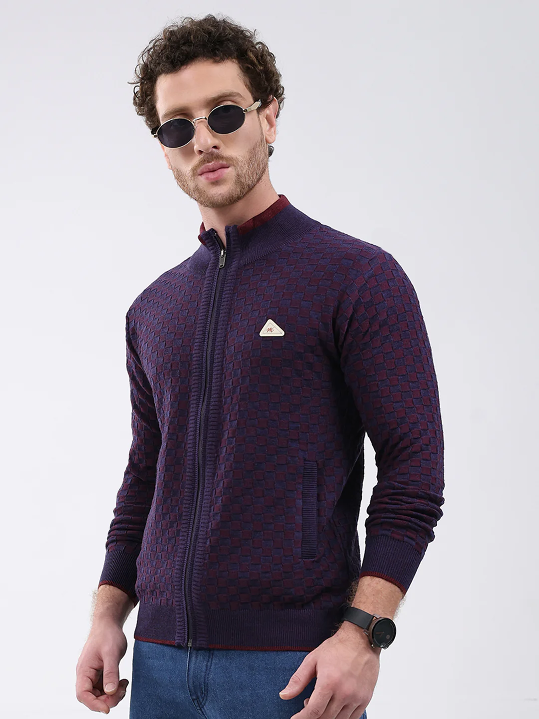 Men Burgundy Self Design Mock Neck Full Sleeve Pullover - Image 3