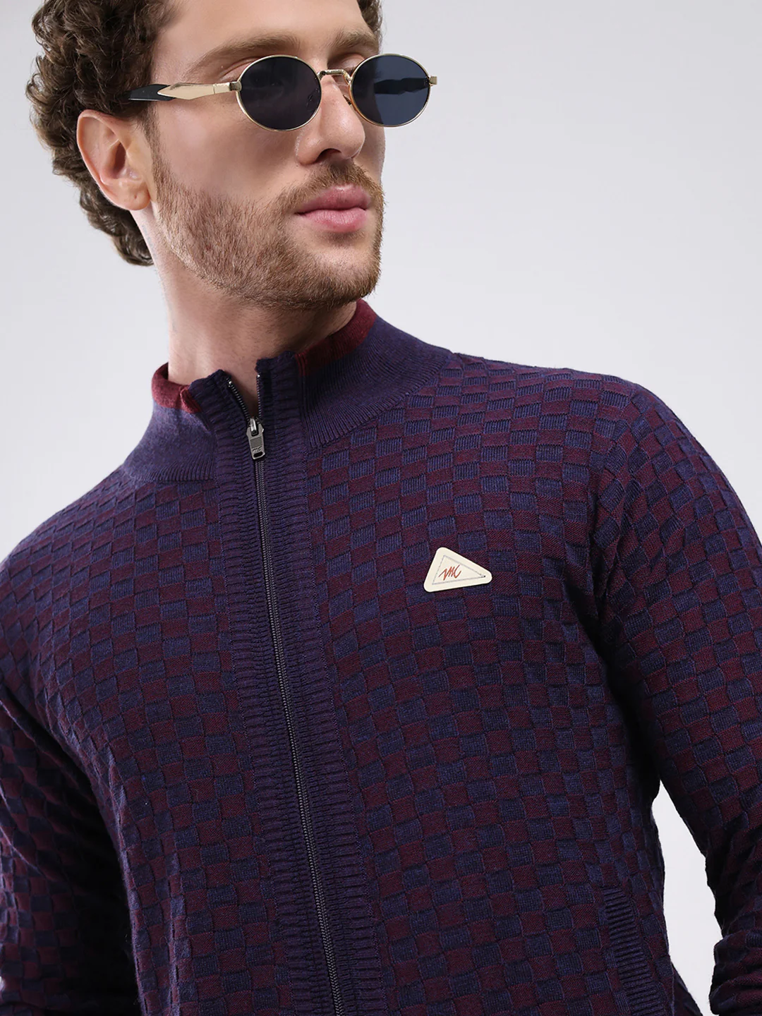Men Burgundy Self Design Mock Neck Full Sleeve Pullover - Image 6