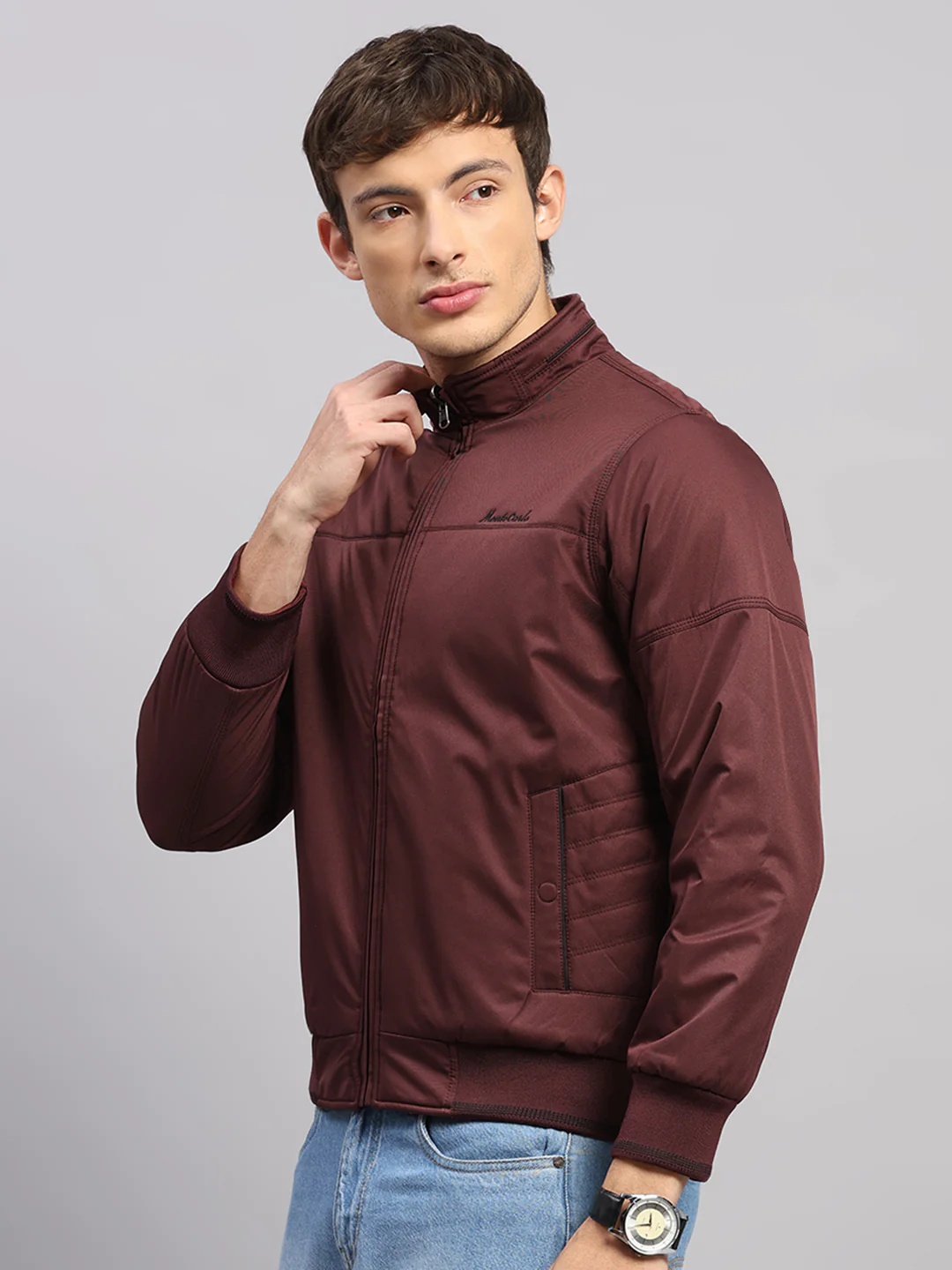 Men Burgundy Solid Collar Full Sleeve Jacket - Image 3