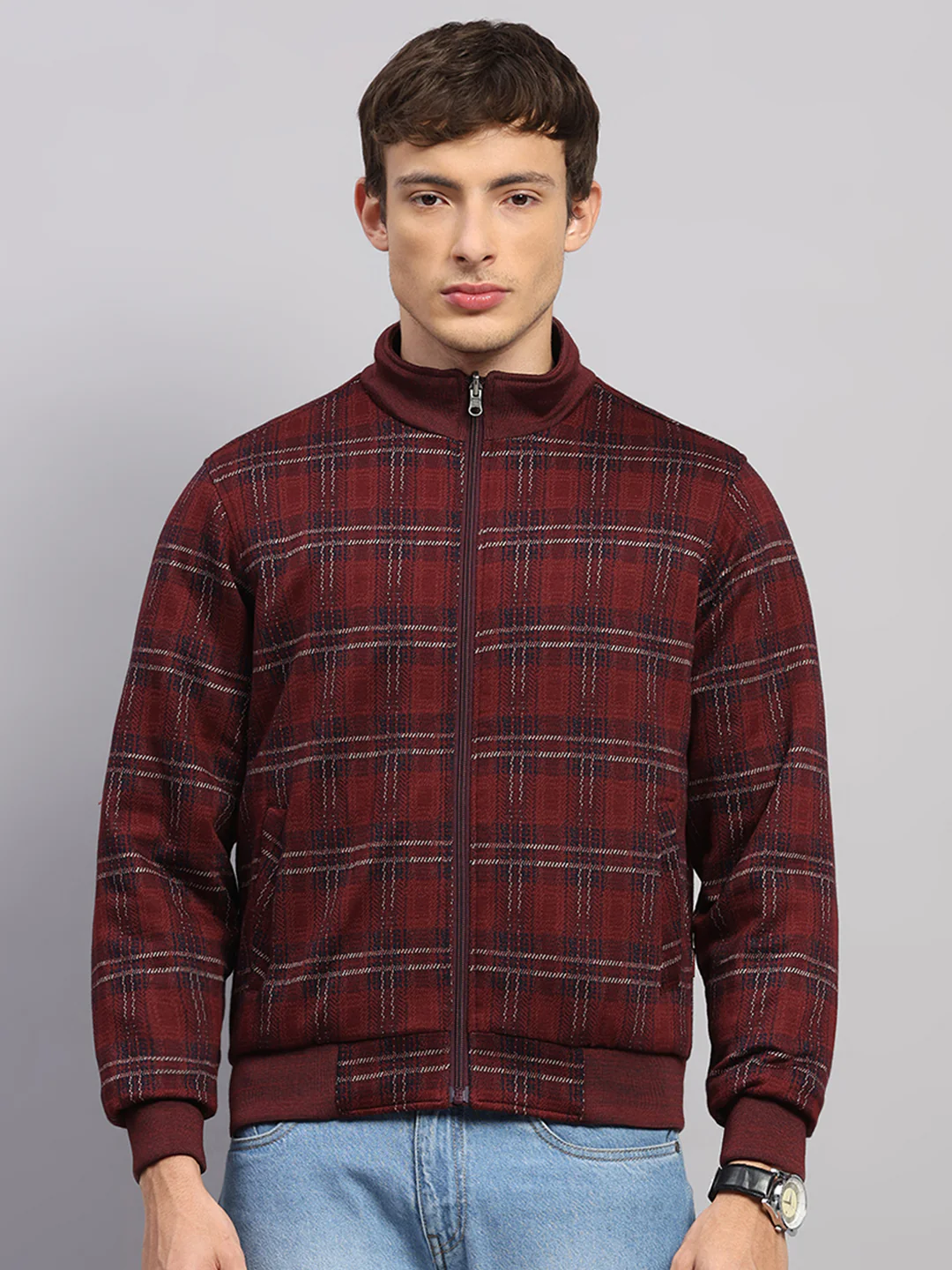 Men Burgundy Solid Collar Full Sleeve Jacket - Image 7