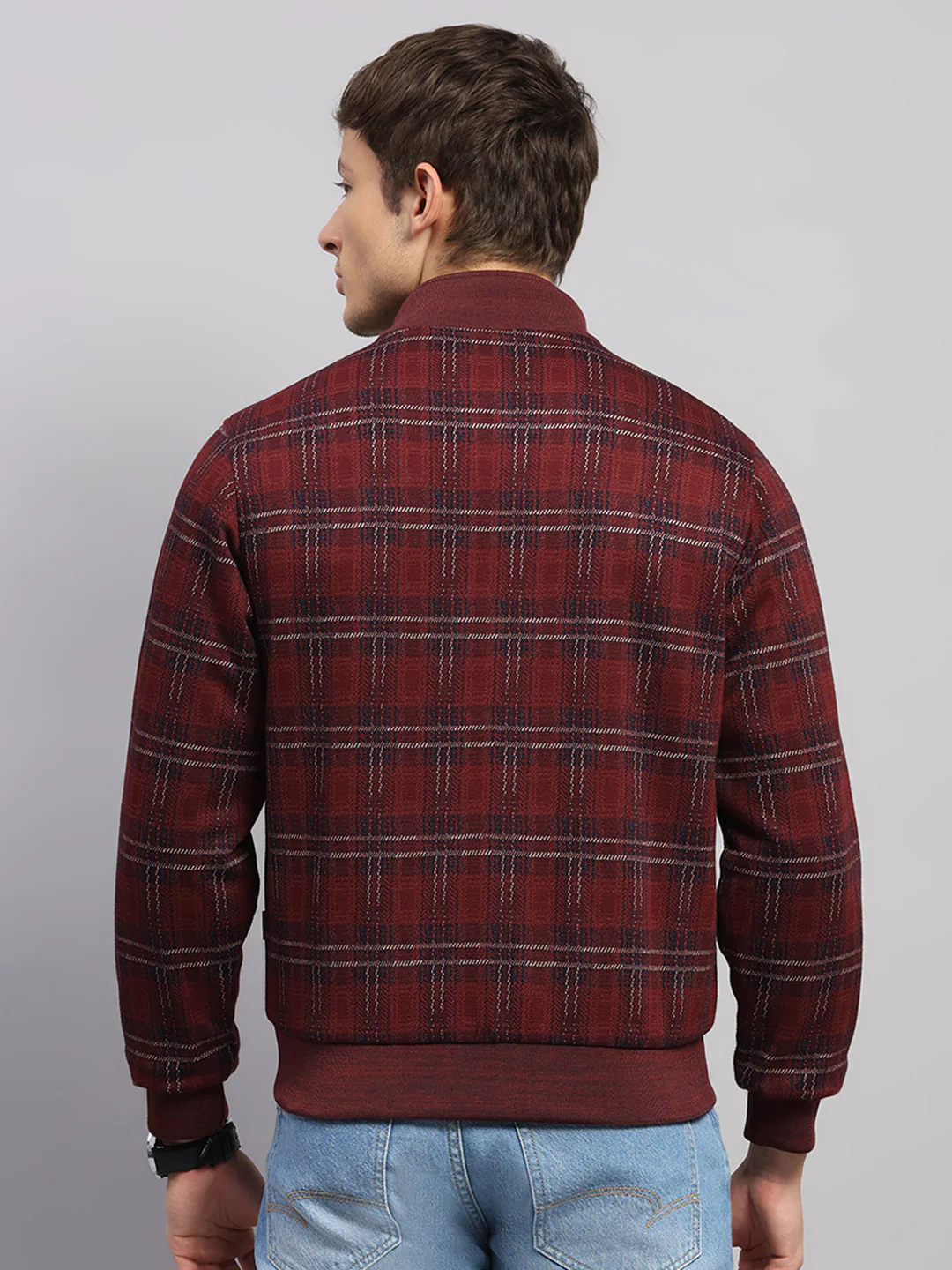 Men Burgundy Solid Collar Full Sleeve Jacket - Image 9