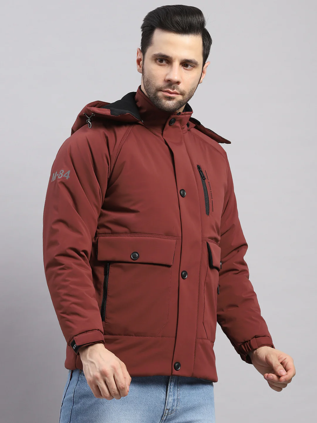 Men Burgundy Solid Hooded Full Sleeve Jacket - Image 4