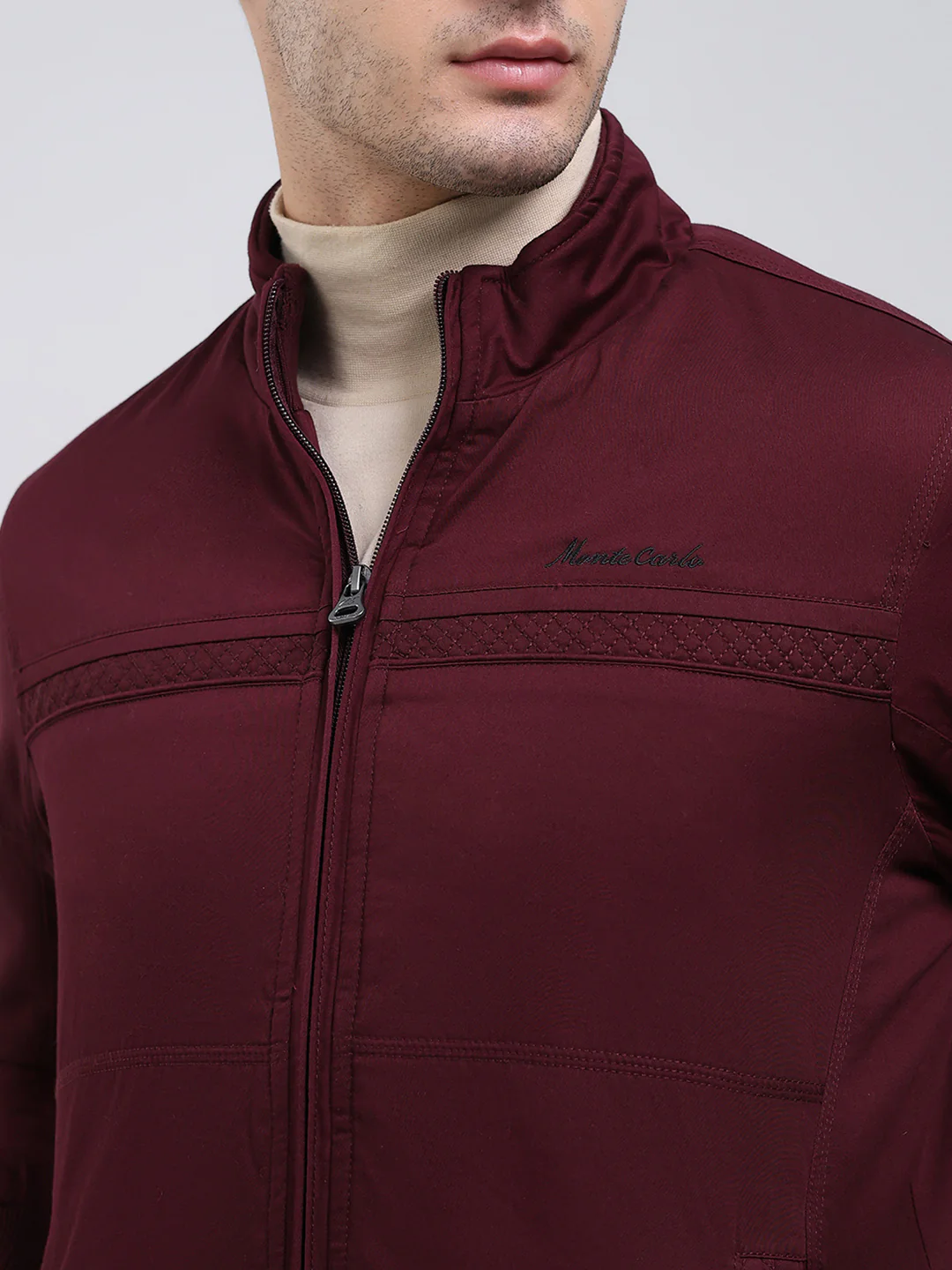 Men Burgundy Solid Mock Neck Full Sleeve Jacket - Image 6