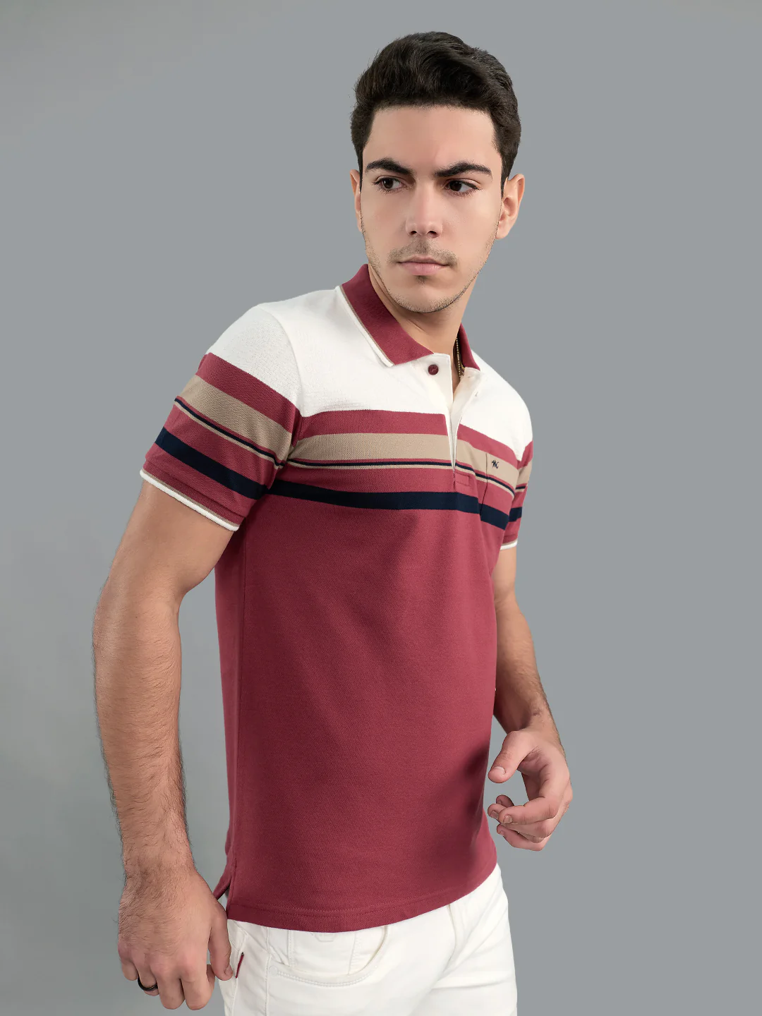 Men Burgundy Stripe Collar Half Sleeve T-Shirt - Image 2