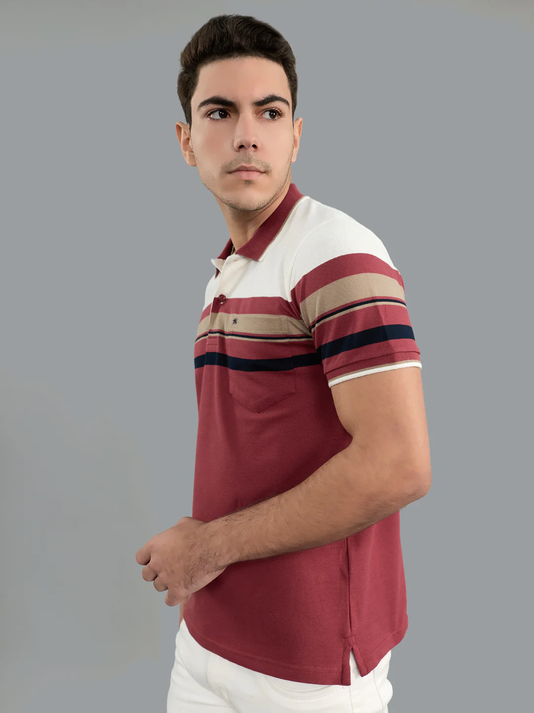 Men Burgundy Stripe Collar Half Sleeve T-Shirt - Image 3