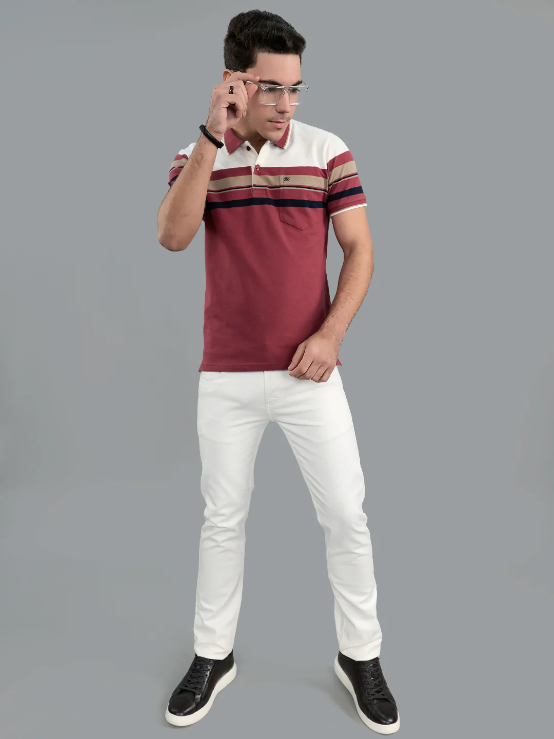 Men Burgundy Stripe Collar Half Sleeve T-Shirt - Image 6