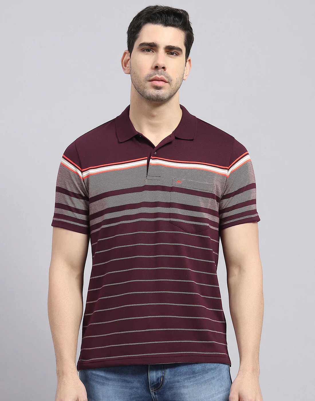 Men Burgundy Stripe Polo Collar Half Sleeve T-Shirt - Image 3