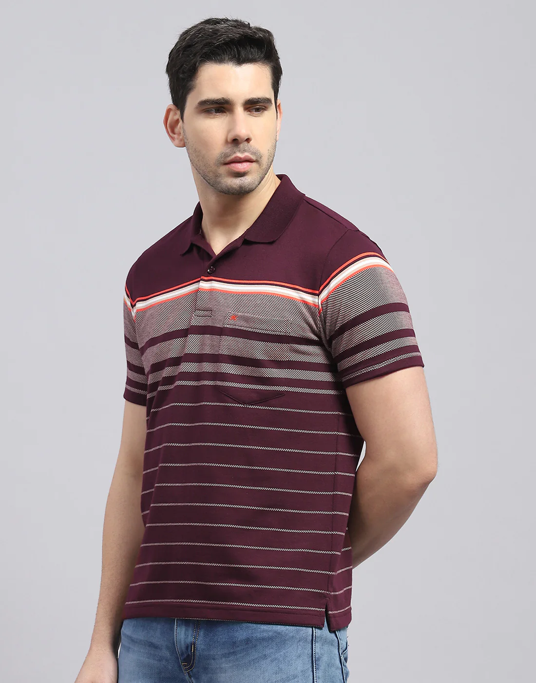 Men Burgundy Stripe Polo Collar Half Sleeve T-Shirt - Image 4