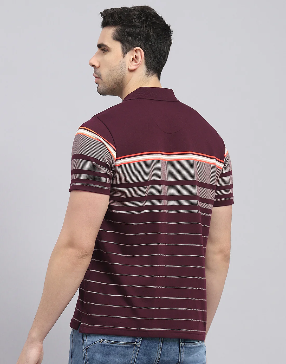 Men Burgundy Stripe Polo Collar Half Sleeve T-Shirt - Image 5