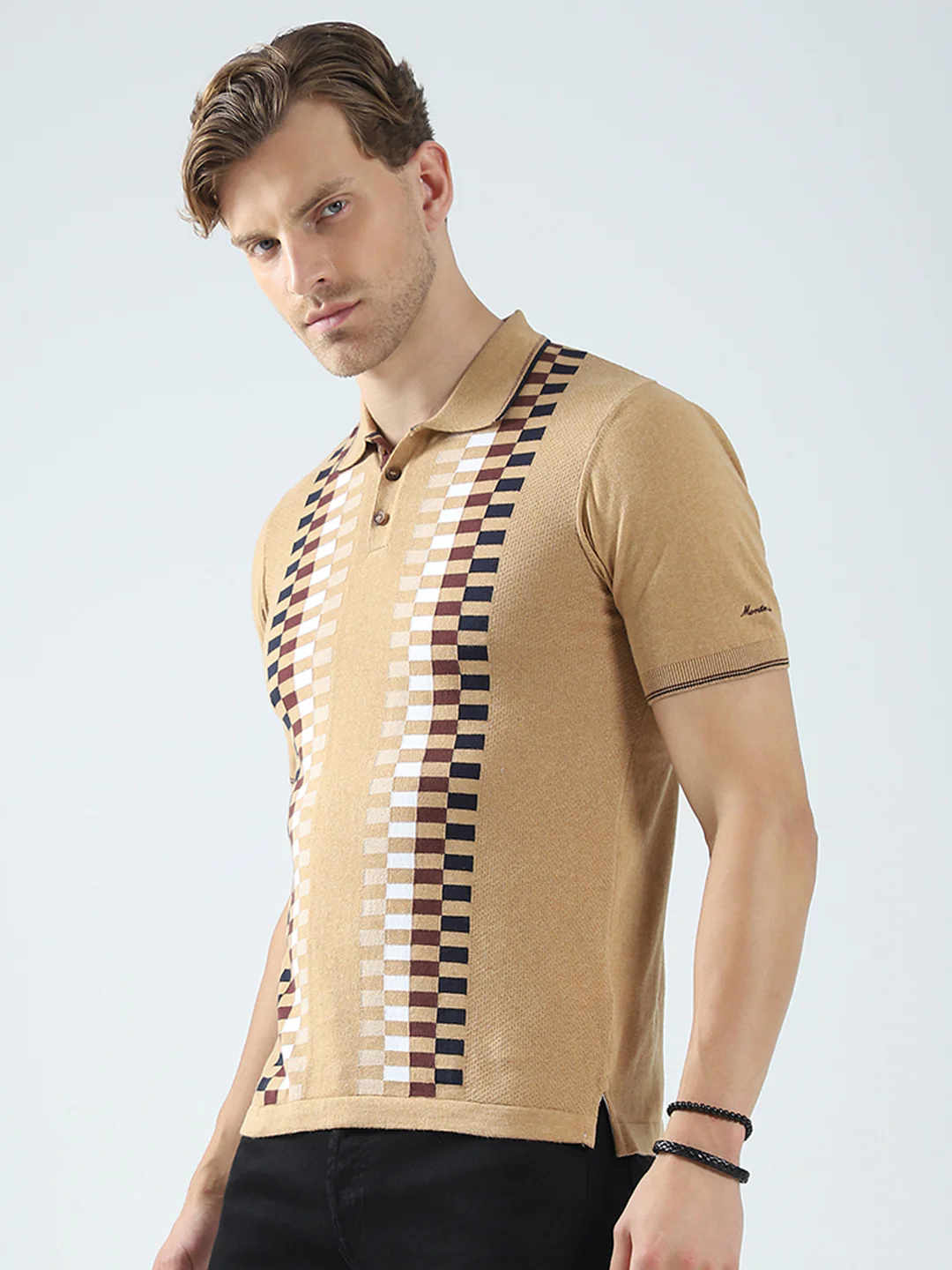Men Camel Brown Printed Collar Half Sleeve T-Shirt - Image 3