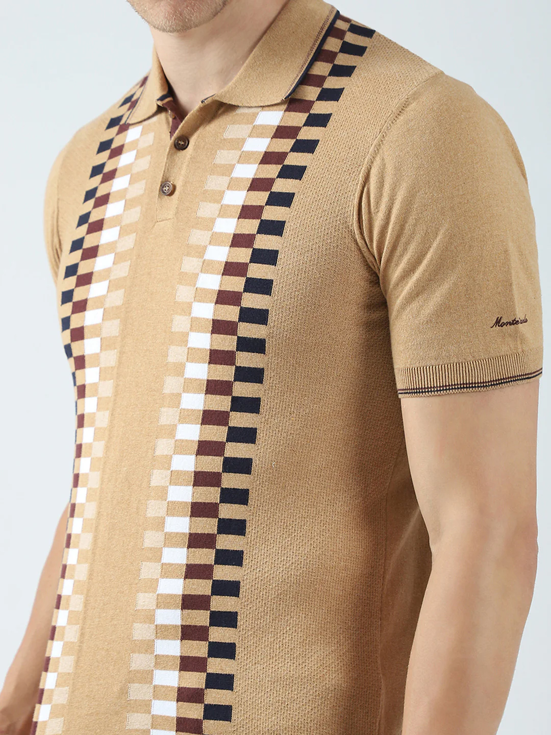 Men Camel Brown Printed Collar Half Sleeve T-Shirt - Image 7