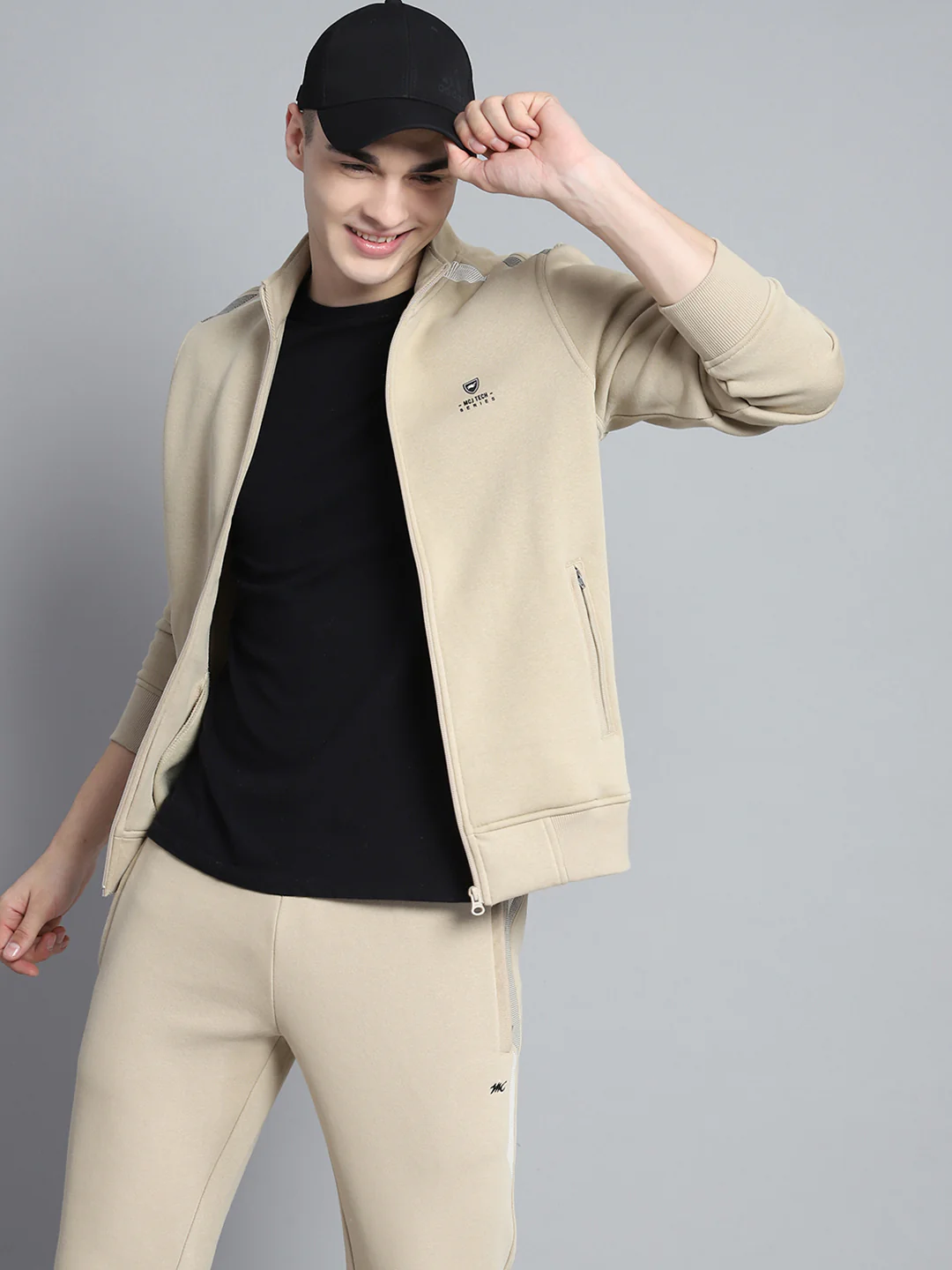 Men Camel Brown Printed Mock Neck Full Sleeve Winter Tracksuit - Image 6
