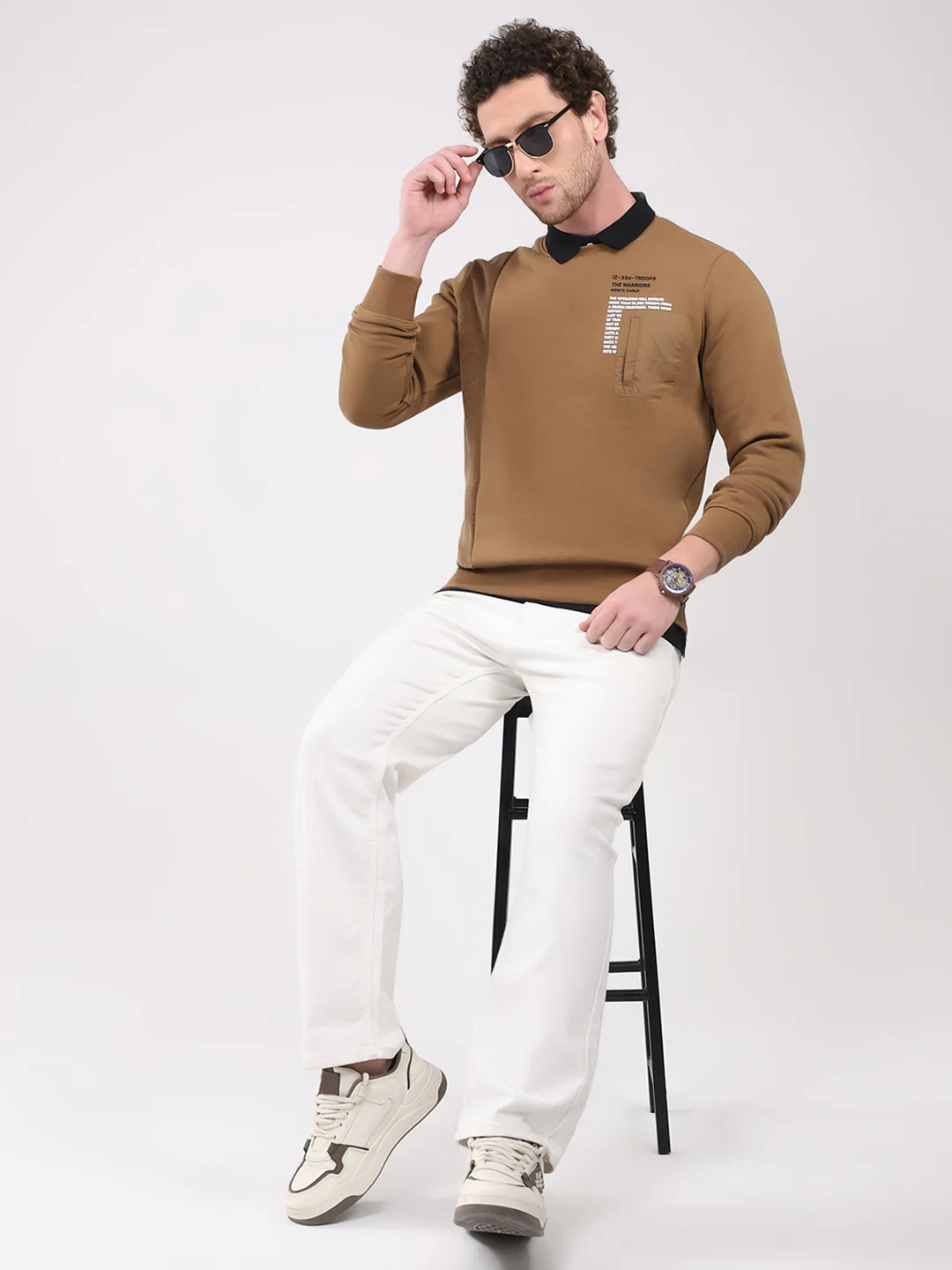 Men Camel Brown Printed Round Neck Full Sleeve Sweatshirt - Image 2