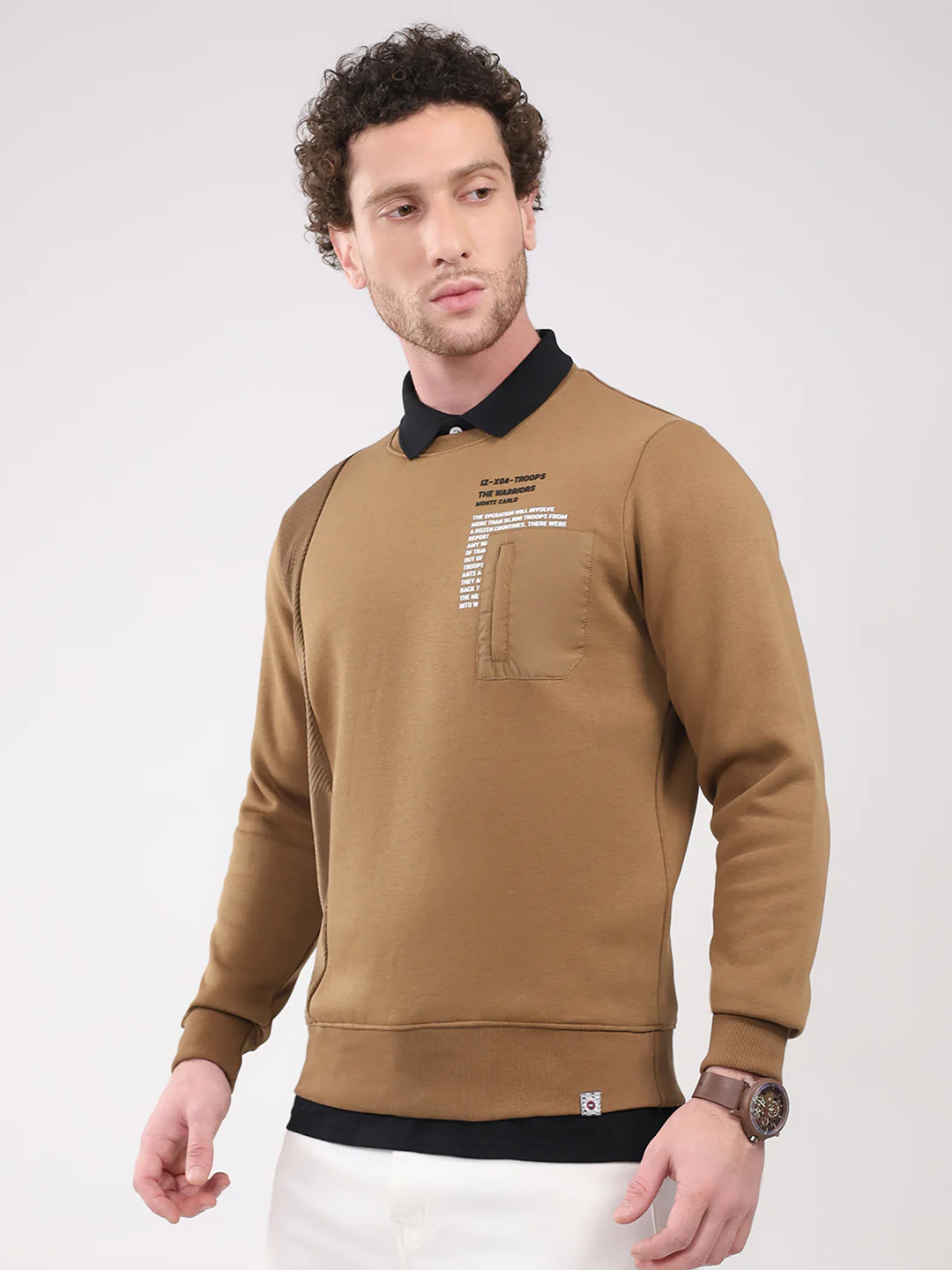 Men Camel Brown Printed Round Neck Full Sleeve Sweatshirt - Image 3
