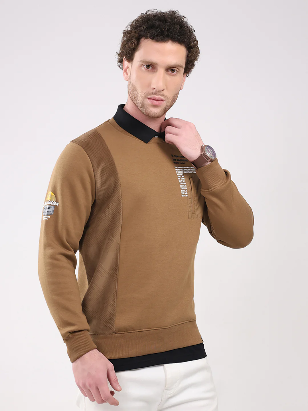 Men Camel Brown Printed Round Neck Full Sleeve Sweatshirt - Image 4