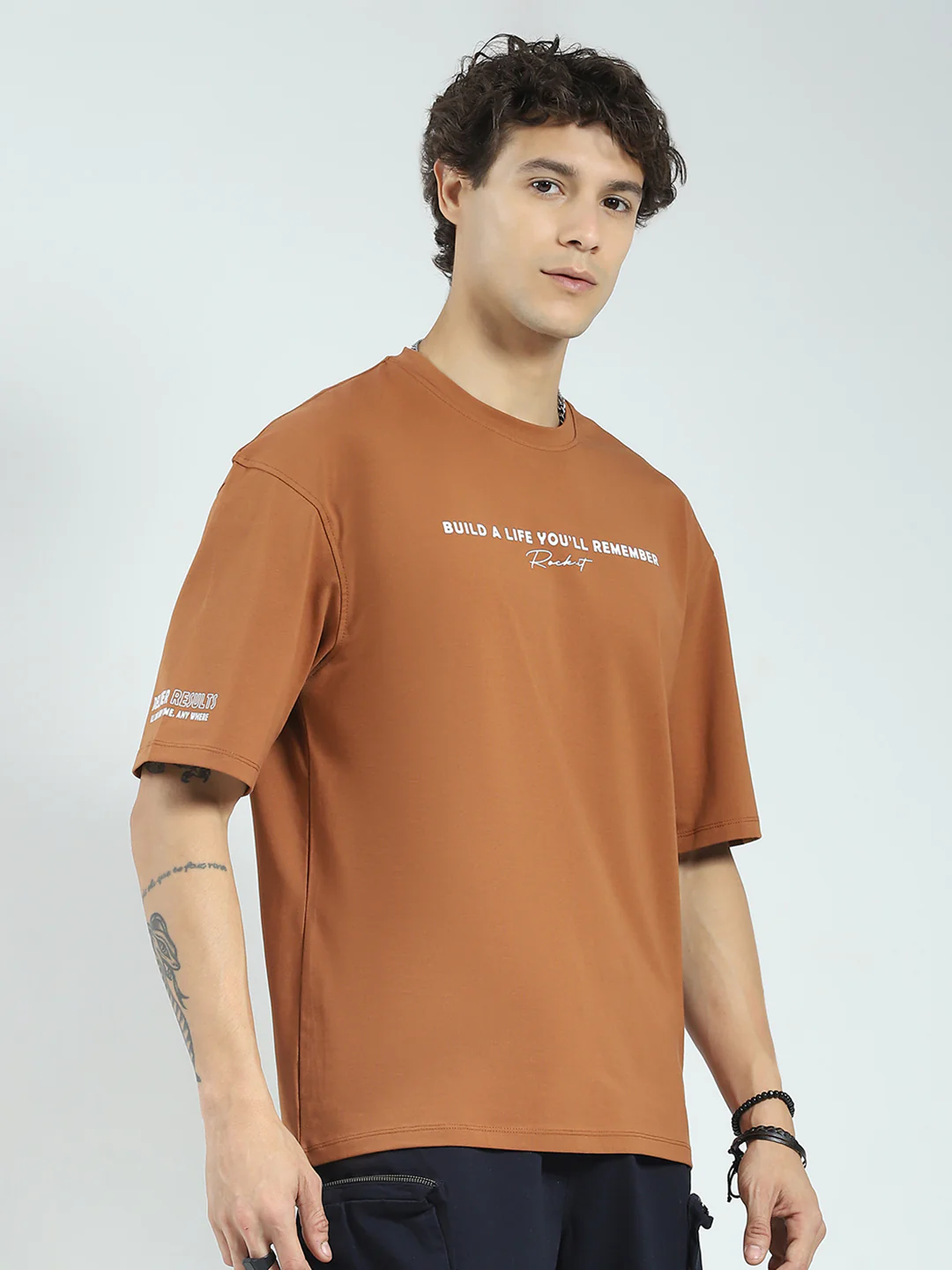 Rock.it Men Camel Brown Printed Round Neck Half Sleeve T-Shirt - Image 4