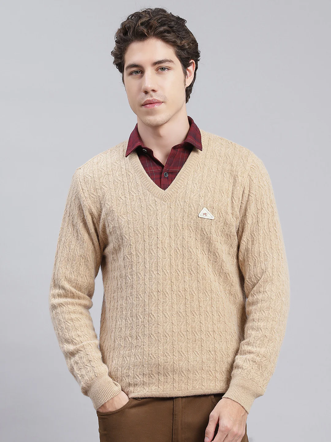 Men Camel Brown Self Design Lamb wool Pullover - Image 2