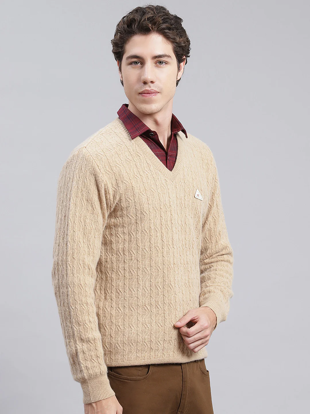 Men Camel Brown Self Design Lamb wool Pullover - Image 3