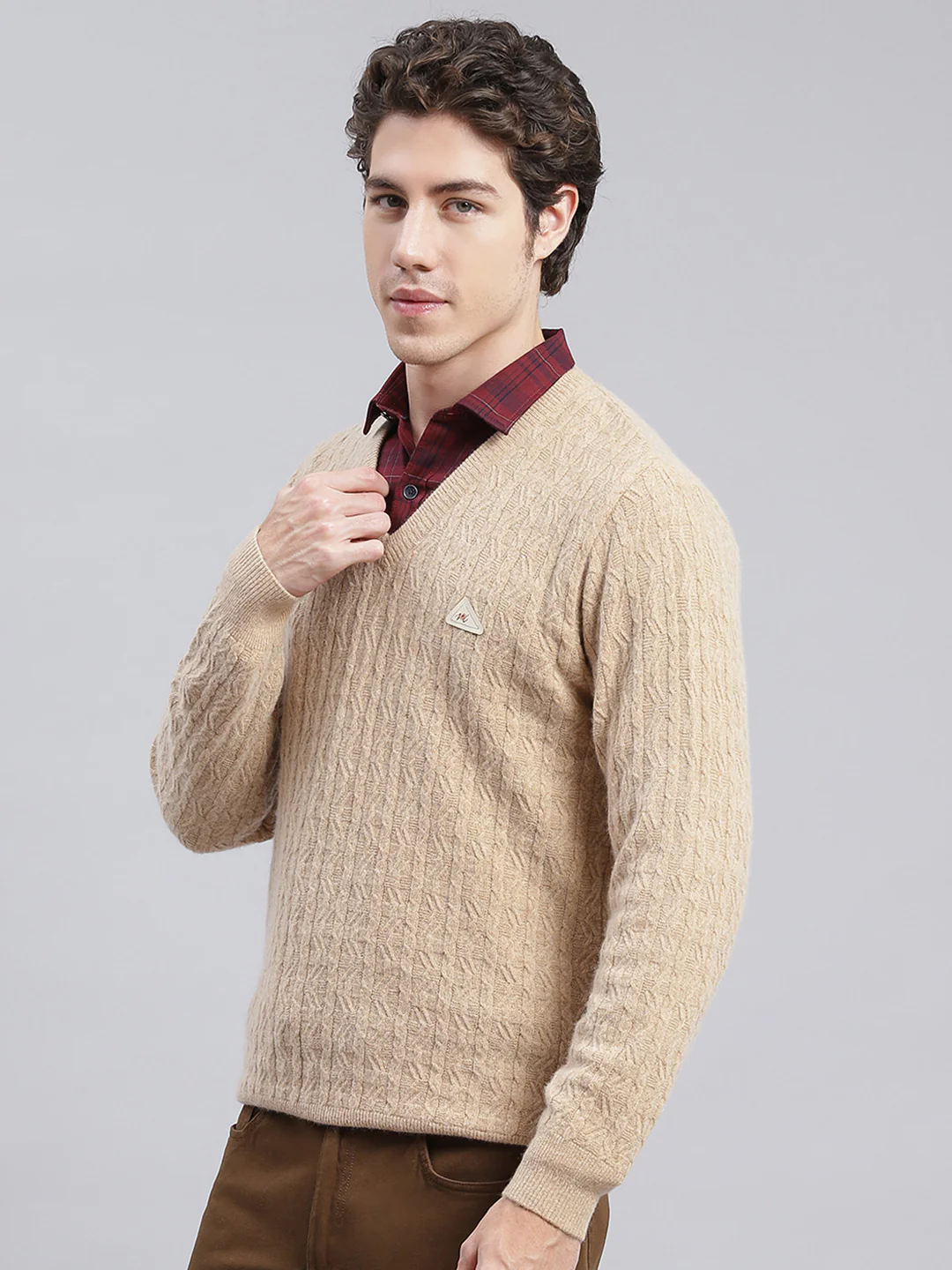 Men Camel Brown Self Design Lamb wool Pullover - Image 4