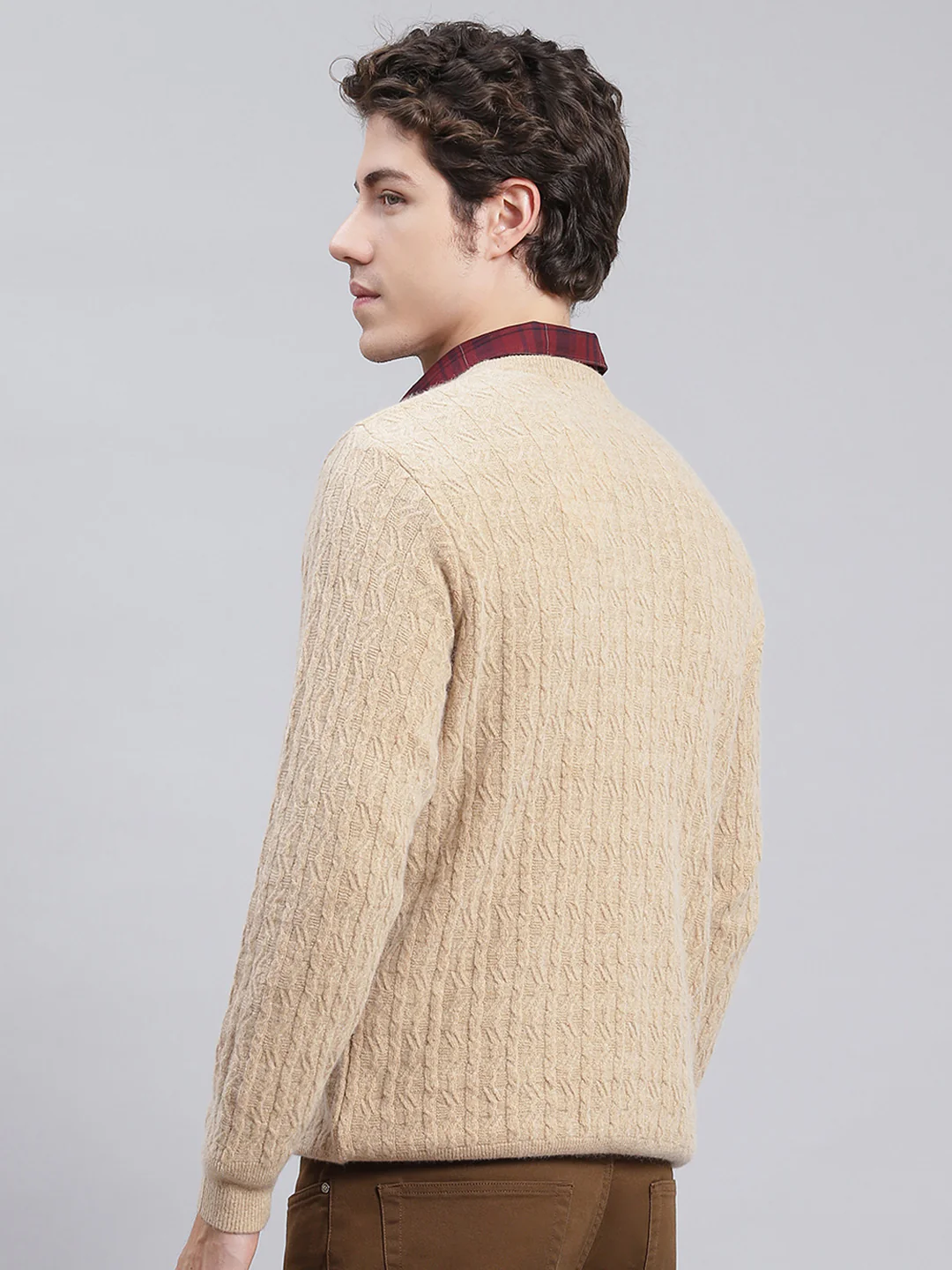 Men Camel Brown Self Design Lamb wool Pullover - Image 5
