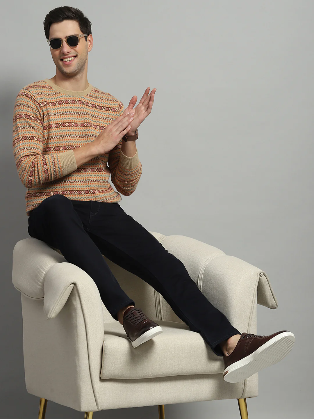 Luxuria Men Camel Brown Self Design Round Neck Full Sleeve Pullover - Image 2