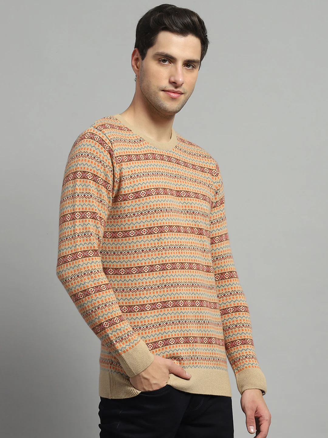 Luxuria Men Camel Brown Self Design Round Neck Full Sleeve Pullover - Image 4