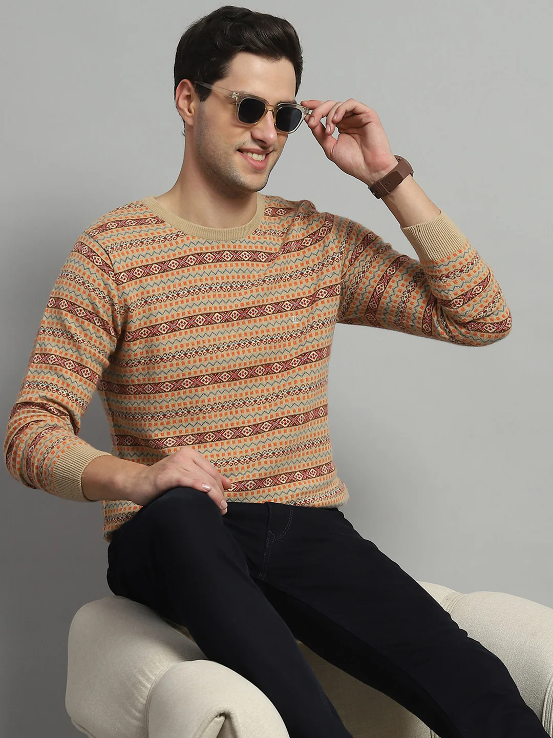 Luxuria Men Camel Brown Self Design Round Neck Full Sleeve Pullover - Image 6