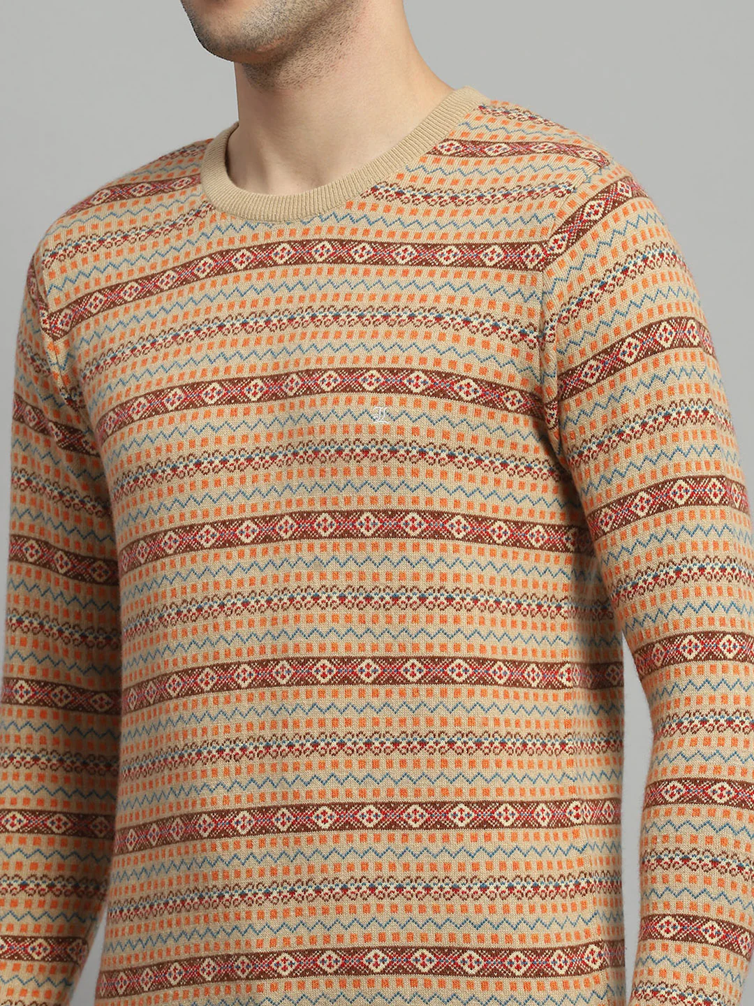 Luxuria Men Camel Brown Self Design Round Neck Full Sleeve Pullover - Image 7