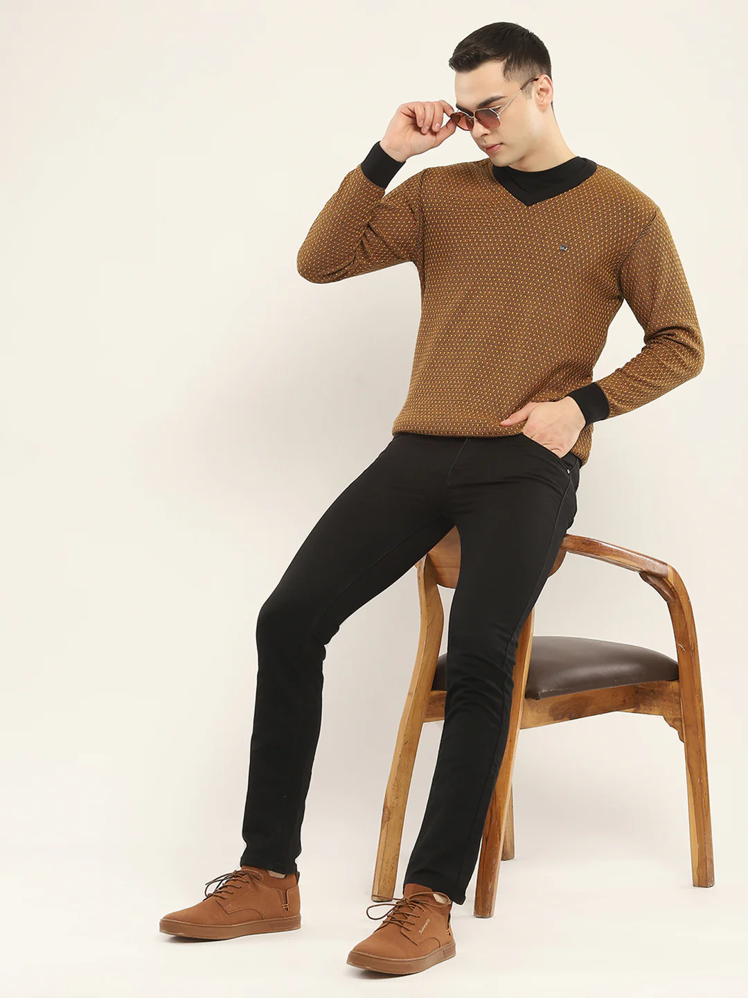 Men Camel Brown Self Design V Neck Full Sleeve Pullover - Image 2
