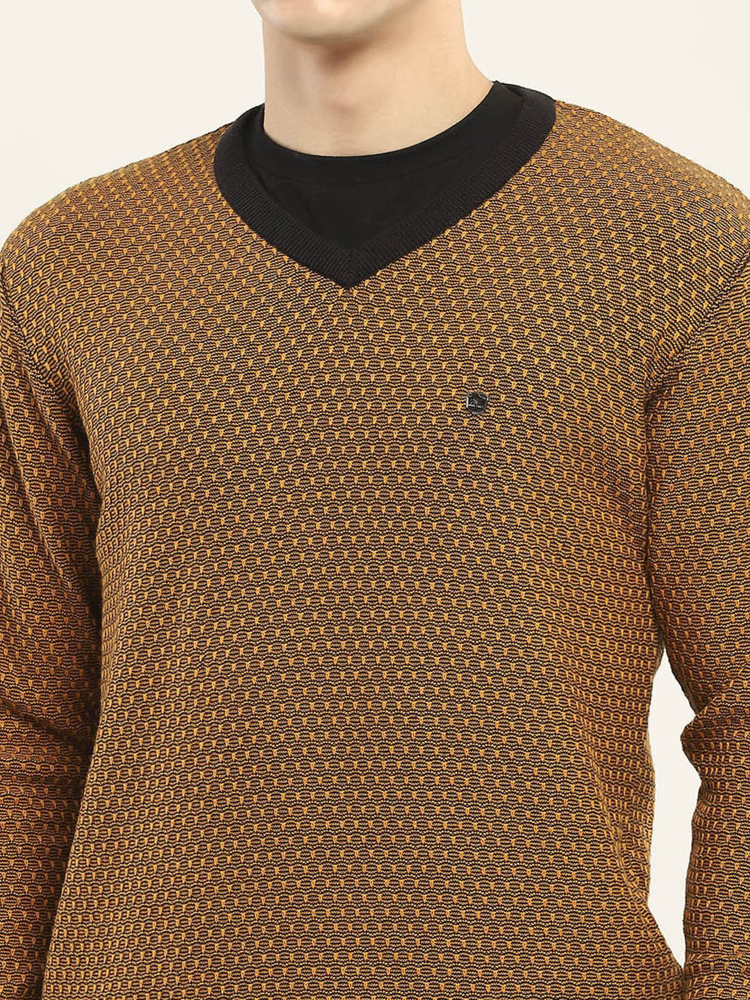 Men Camel Brown Self Design V Neck Full Sleeve Pullover - Image 6