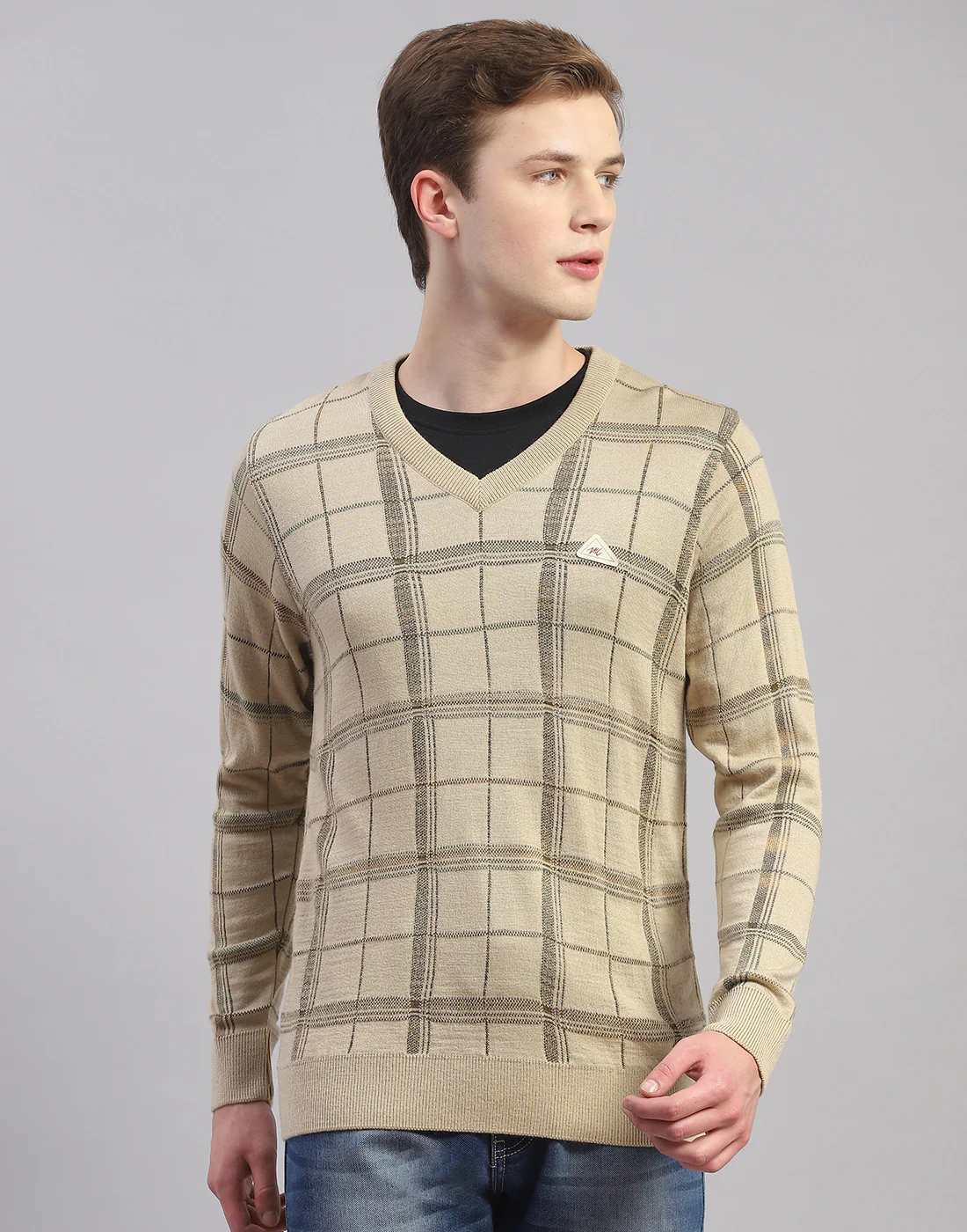 Men Camel Brown Self Design V Neck Full Sleeve Pullover - Image 2