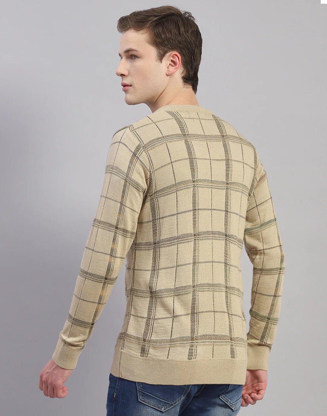 Men Camel Brown Self Design V Neck Full Sleeve Pullover - Image 5