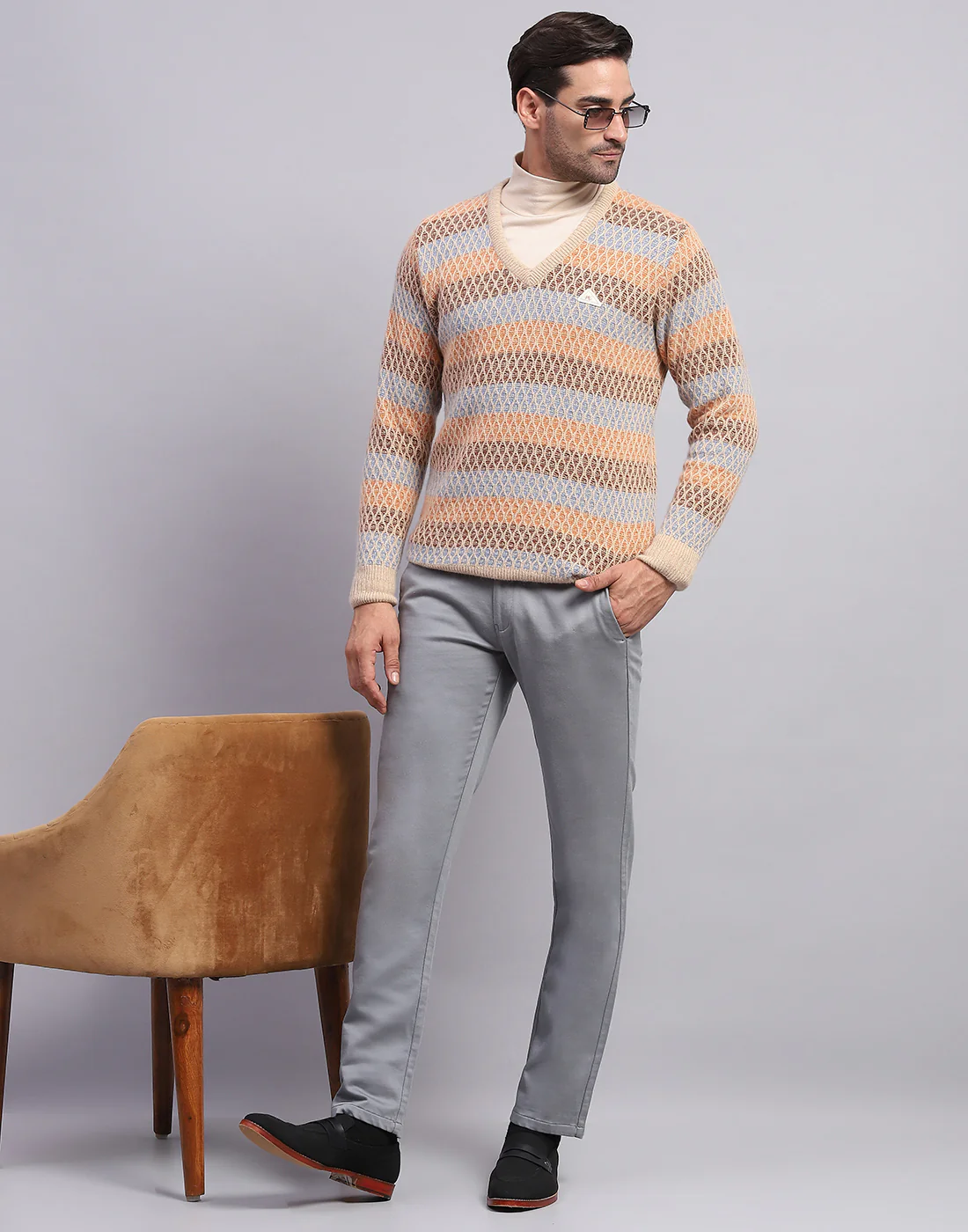 Men Camel Brown Self Design V Neck Full Sleeve Pullover - Image 2