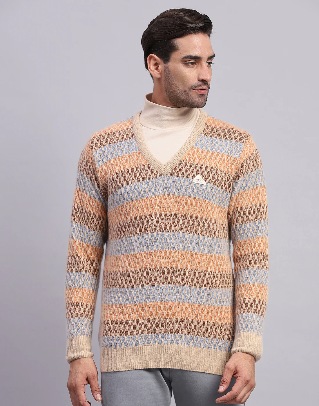 Men Camel Brown Self Design V Neck Full Sleeve Pullover - Image 3