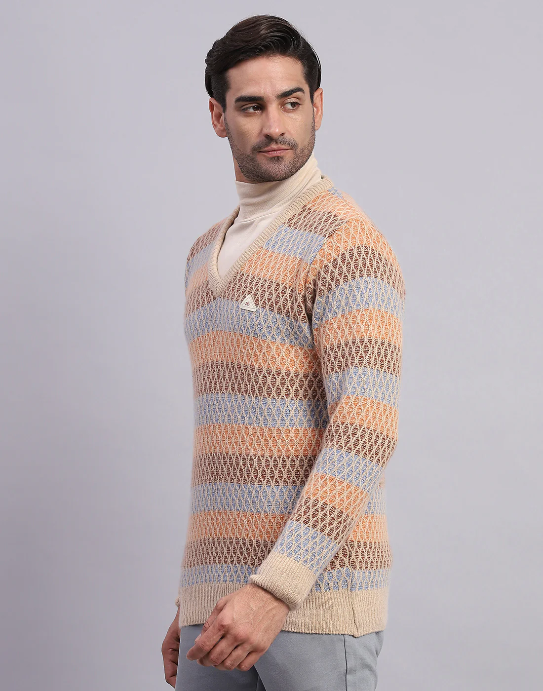 Men Camel Brown Self Design V Neck Full Sleeve Pullover - Image 4