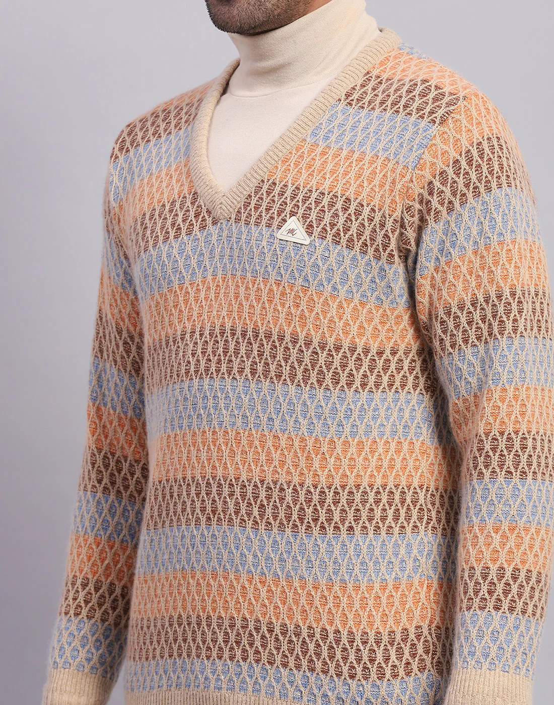 Men Camel Brown Self Design V Neck Full Sleeve Pullover - Image 8