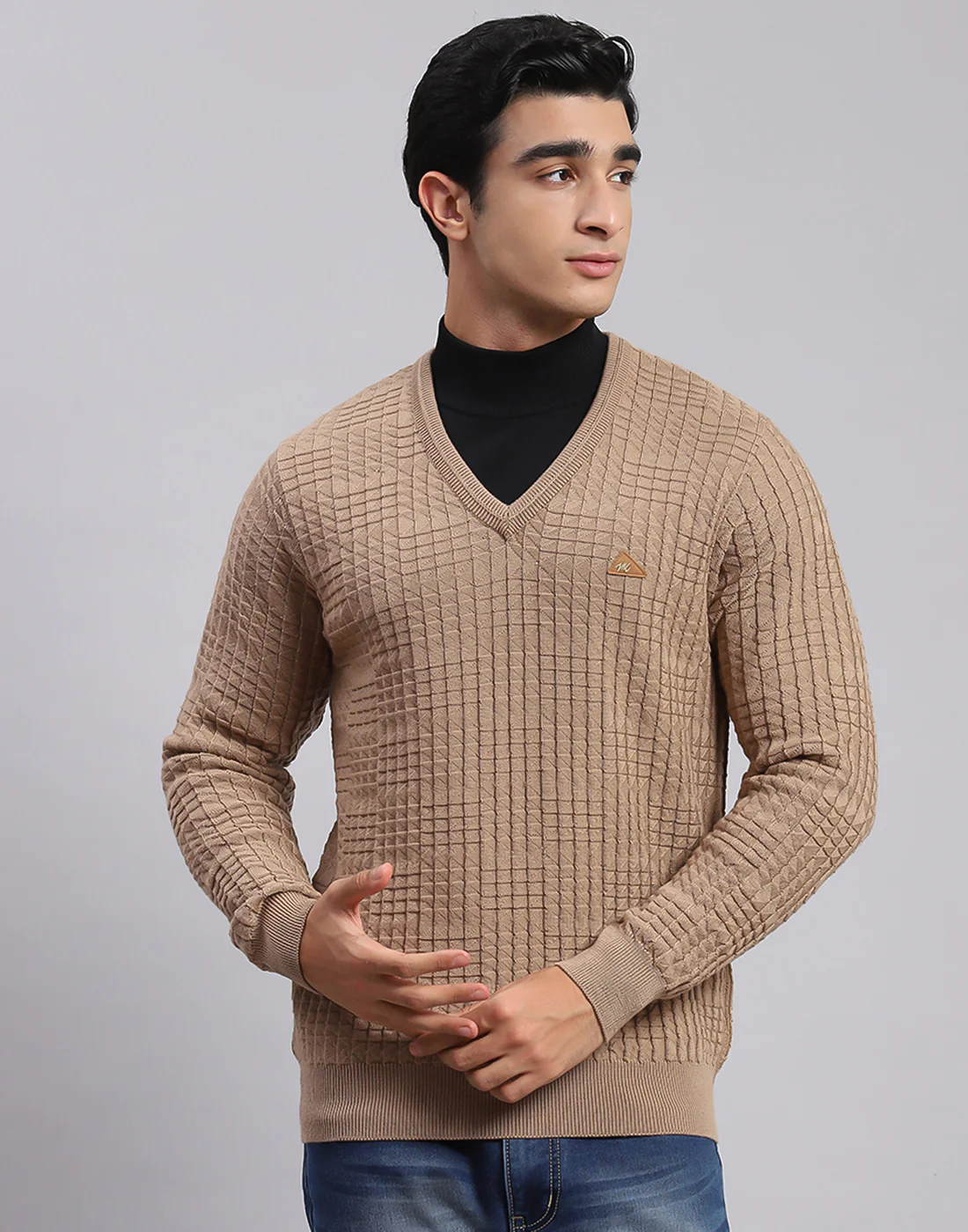 Men Camel Brown Self Design V Neck Full Sleeve Sweaters/Pullovers - Image 2