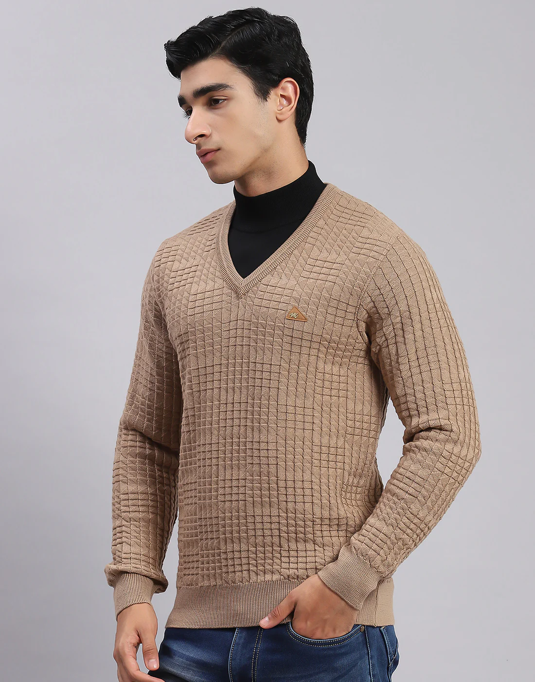 Men Camel Brown Self Design V Neck Full Sleeve Sweaters/Pullovers - Image 3