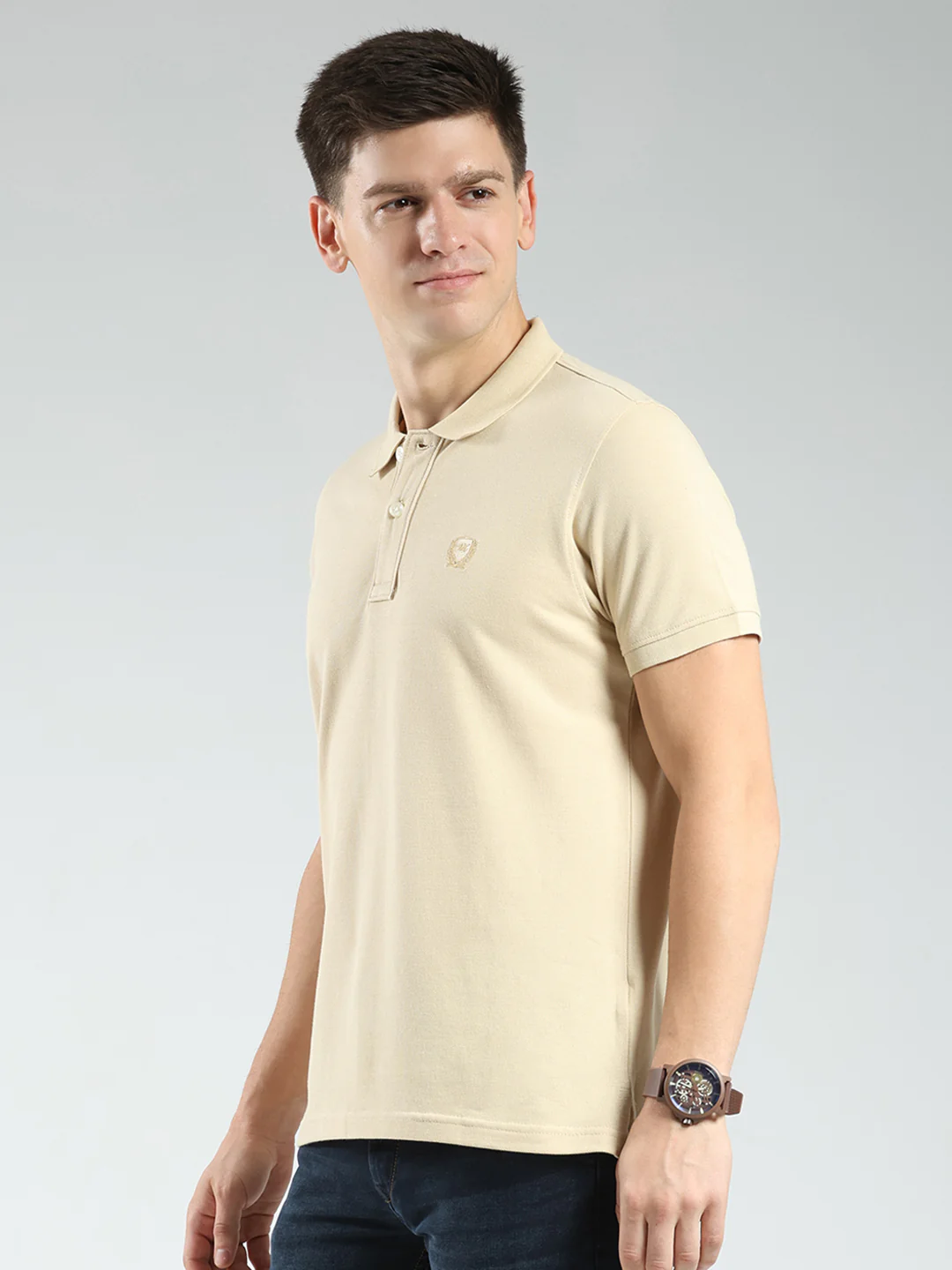 Men Camel Brown Solid Collar Half Sleeve T-Shirt - Image 3