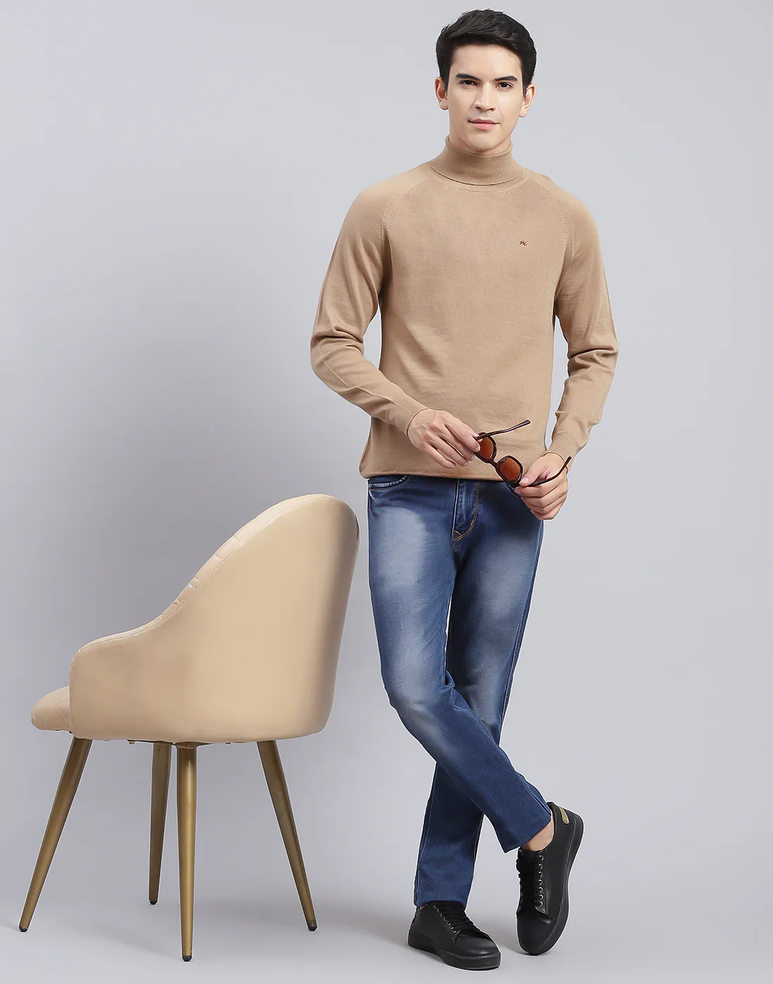 Men Camel Brown Solid High Neck Full Sleeve Pullover - Image 2