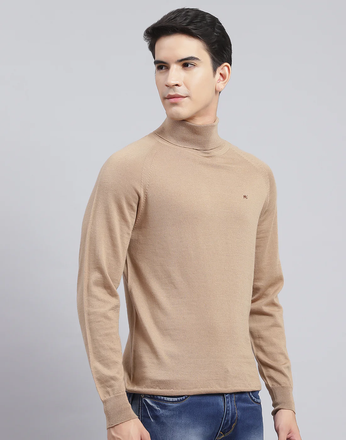 Men Camel Brown Solid High Neck Full Sleeve Pullover - Image 4