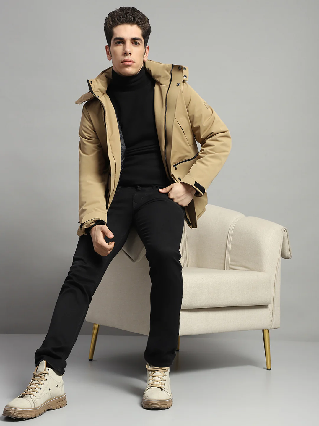 Men Camel Brown Solid Hooded Full Sleeve Jacket - Image 2