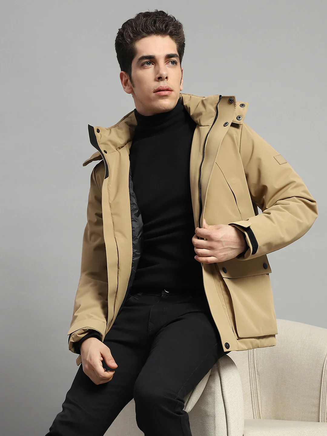 Men Camel Brown Solid Hooded Full Sleeve Jacket - Image 6