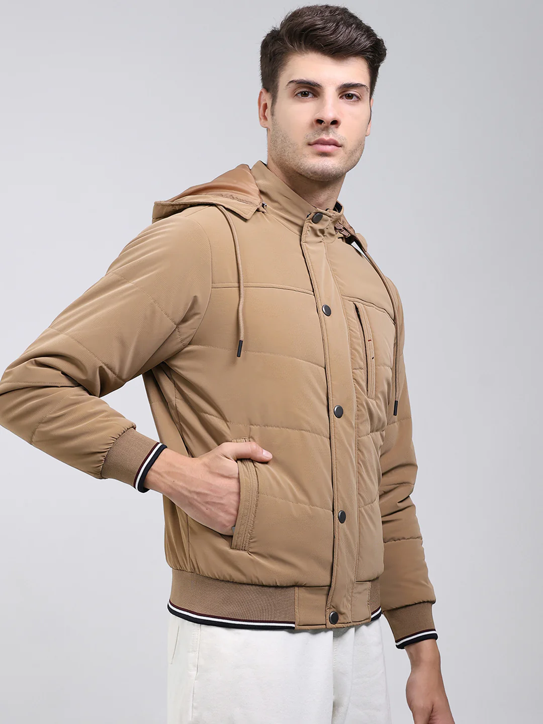 Men Camel Brown Solid Hooded Full Sleeve Jacket - Image 4