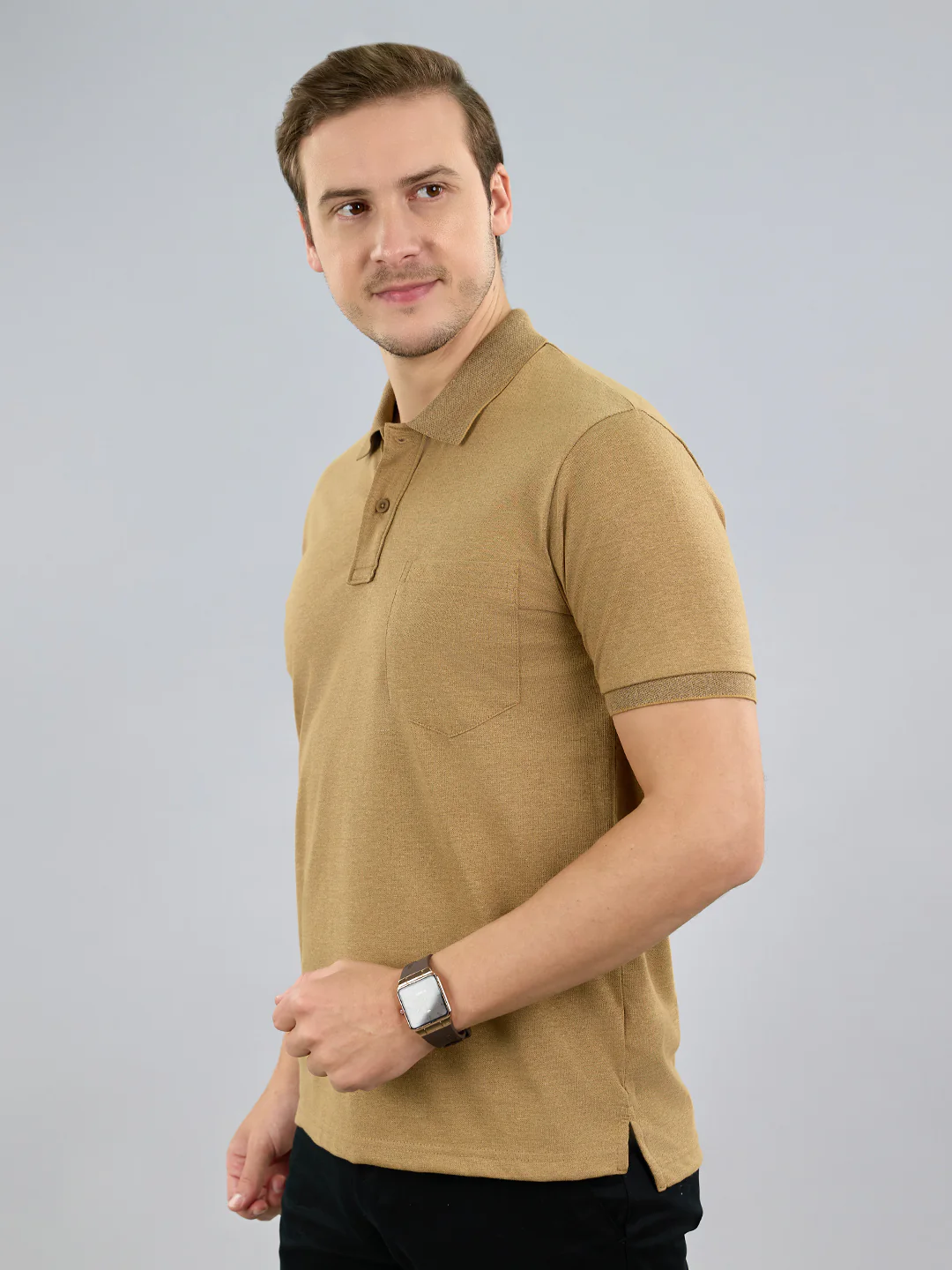 Men Camel Brown Solid Polo Collar Half Sleeve T-Shirt - Image 2