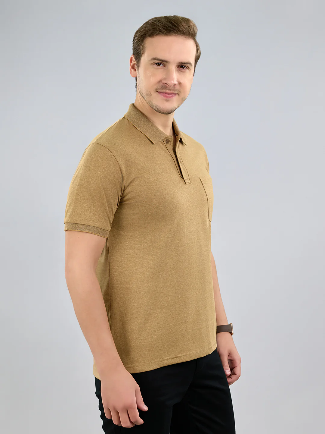 Men Camel Brown Solid Polo Collar Half Sleeve T-Shirt - Image 3