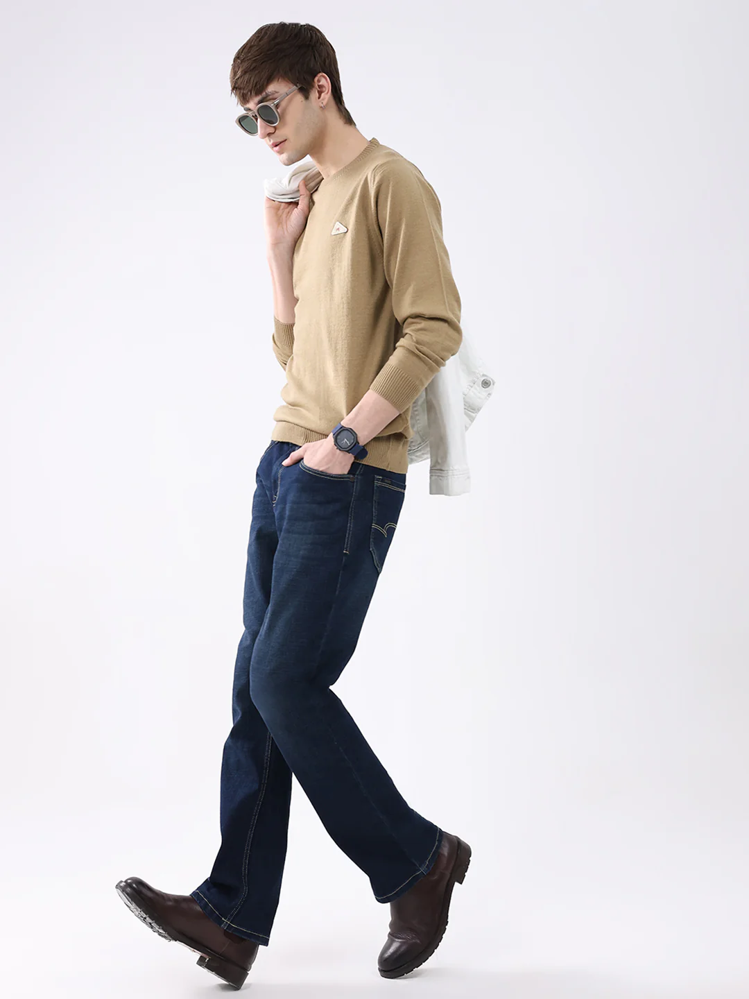 Men Camel Brown Solid Round Neck Full Sleeve Pullover - Image 2