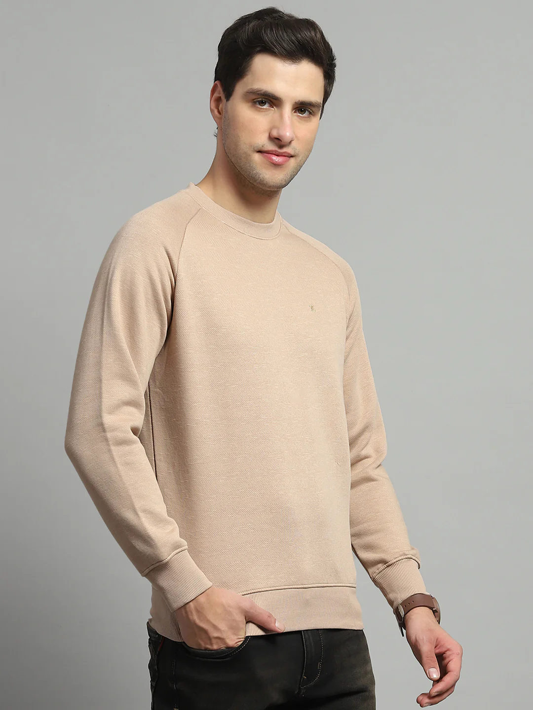 Men Camel Brown Solid Round Neck Full Sleeve Sweatshirt - Image 4