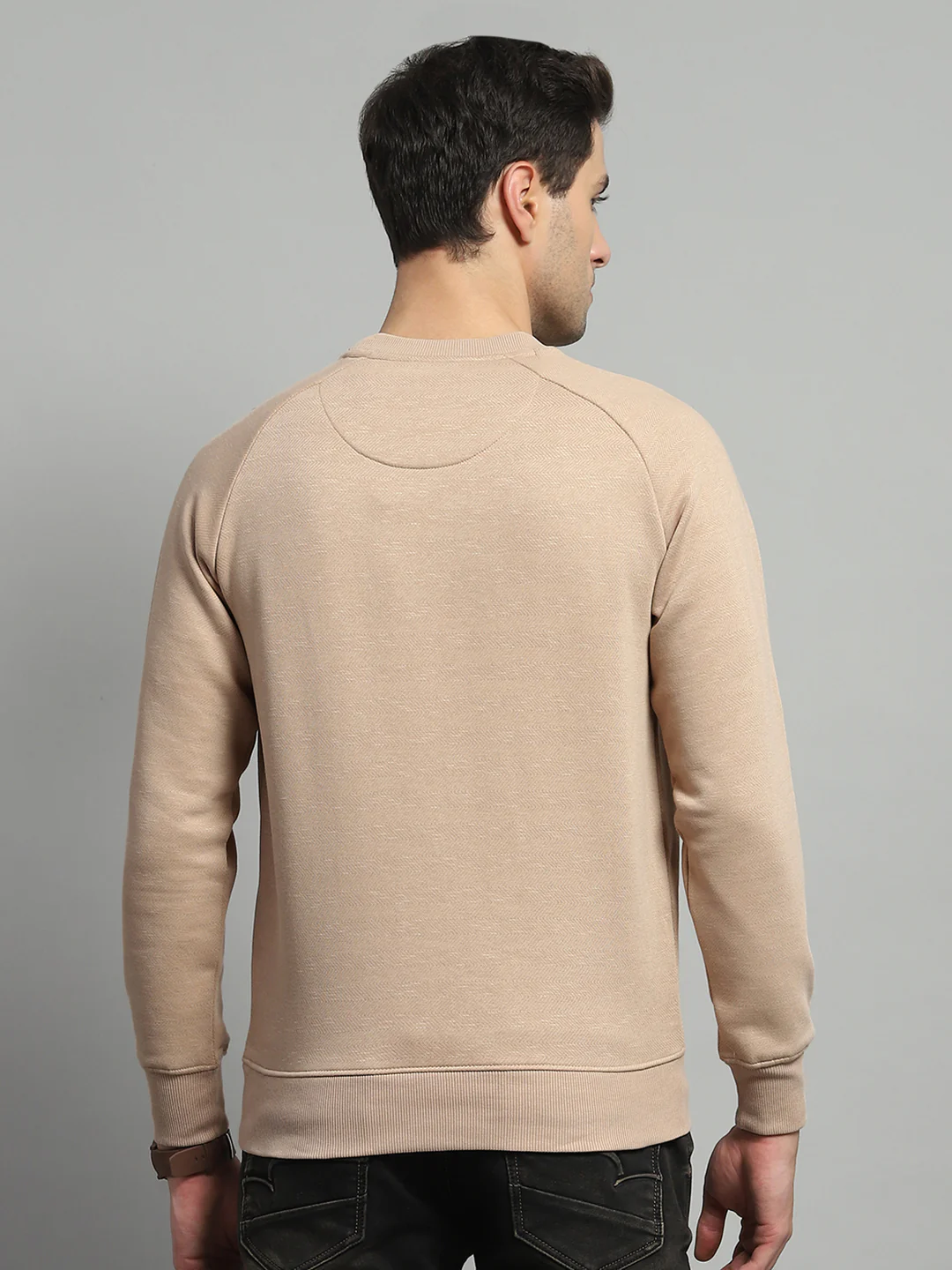 Men Camel Brown Solid Round Neck Full Sleeve Sweatshirt - Image 5