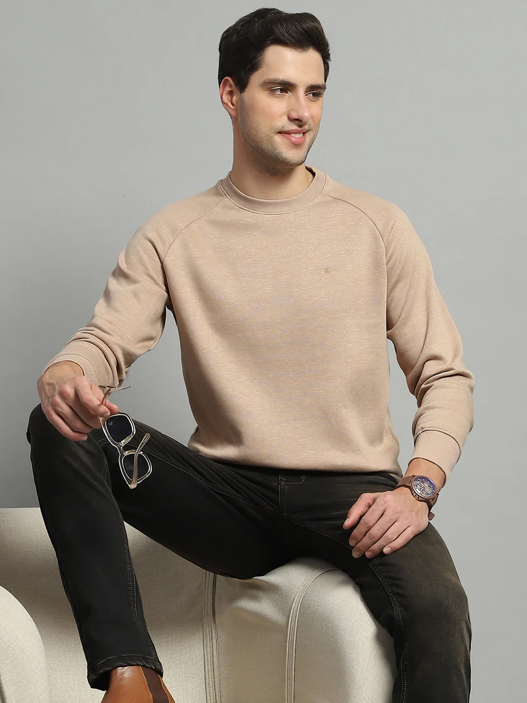 Men Camel Brown Solid Round Neck Full Sleeve Sweatshirt - Image 6